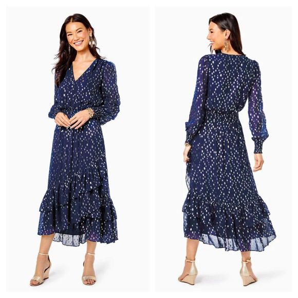 Lilly Pulitzer Dresses & Skirts - Lilly Pulitzer Cristiana Midi Dress Navy Blue Gold Polka Dot Viscose Metallic 2